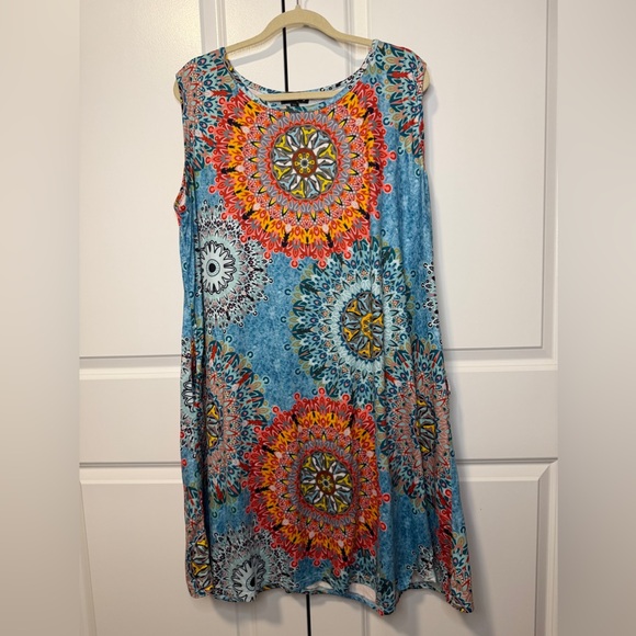 Dresses & Skirts - Aranoy Mandala Print Sleeveless Swing Dress Blue Multicolor Plus Size 3XL